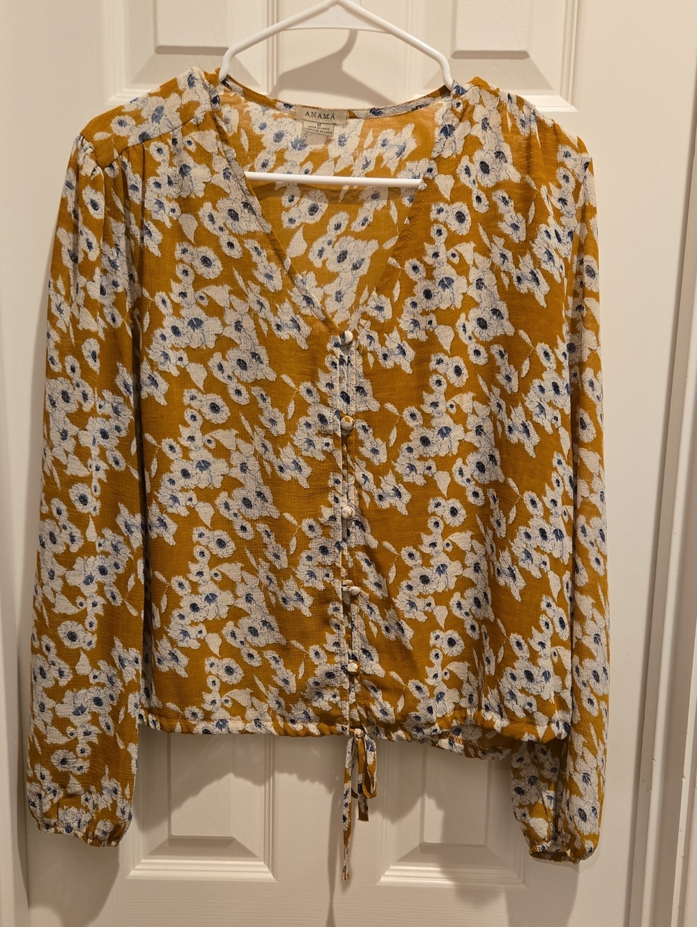 Anama Mustard Floral Button-Front V-Neck Blouse